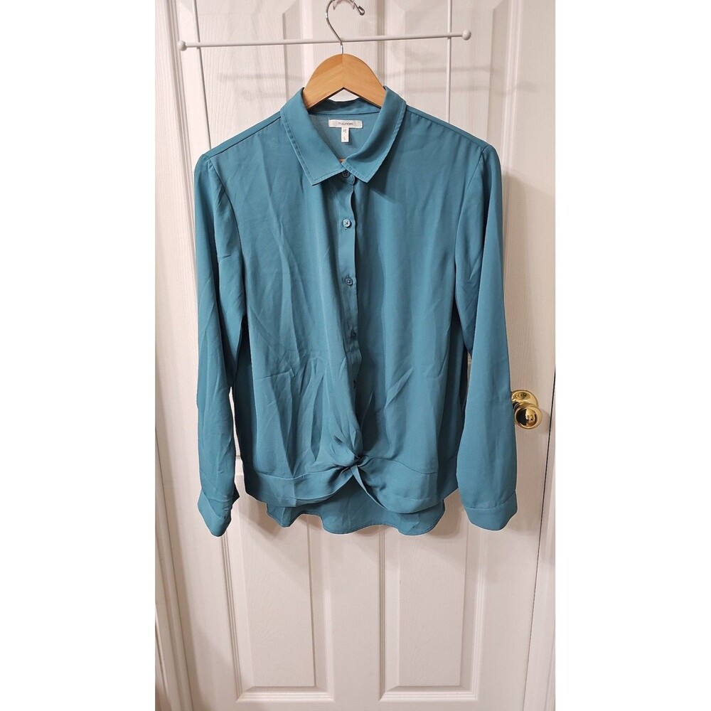 Maurices Blue Long Sleeve Button Front Tie Hem Blouse Size L